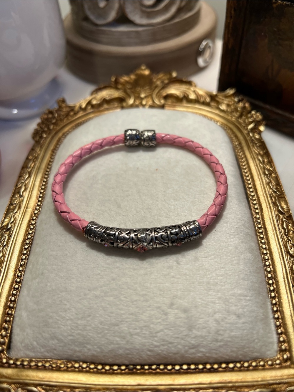 Premier Designs Pink Braided Leather Bracelet with Silver Accents